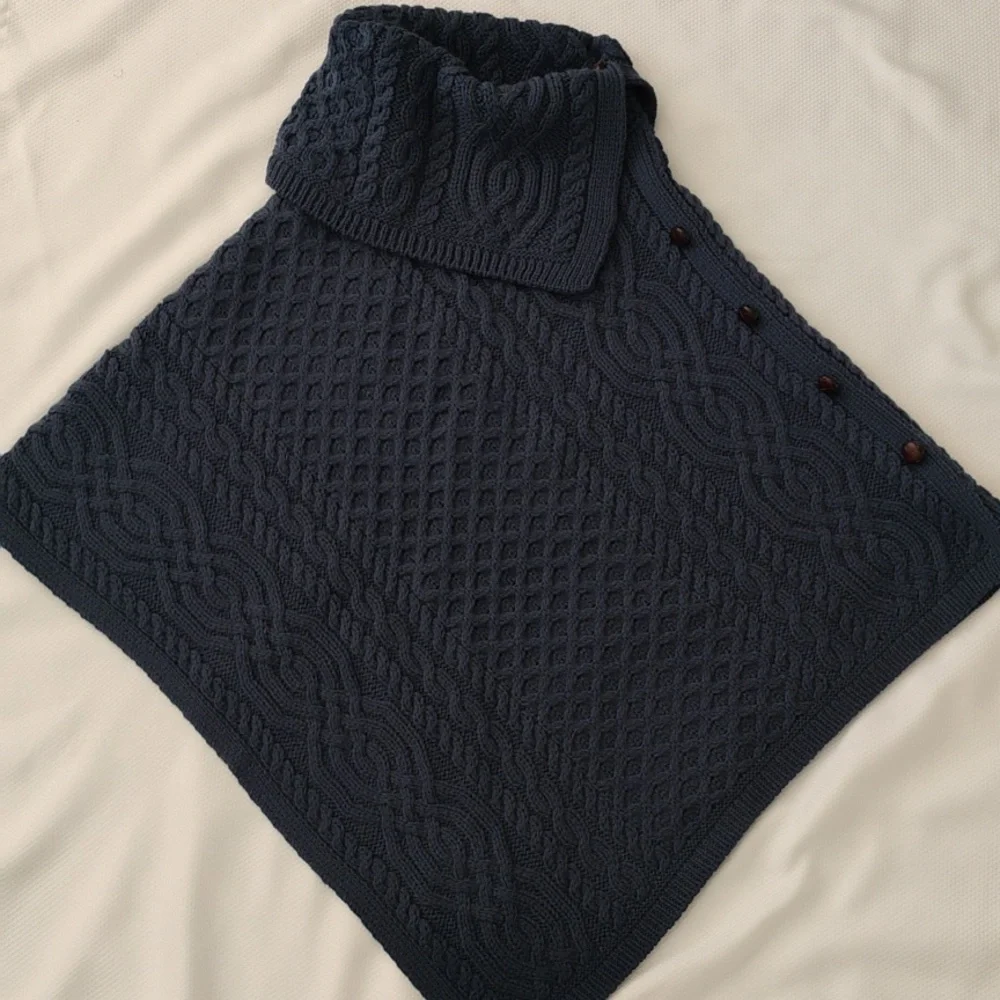 Aran Crafts Ireland Mallard Blue Cable Knit Merino Wool Cowl Poncho Sweater - 10 - Picture 2 of 10